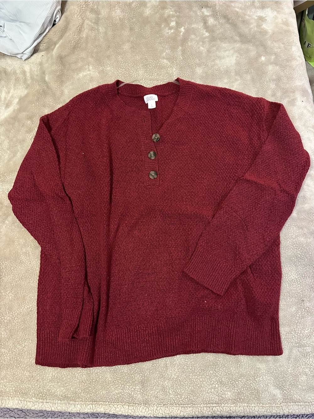 stars above Burgundy V-Neck Button Pullover